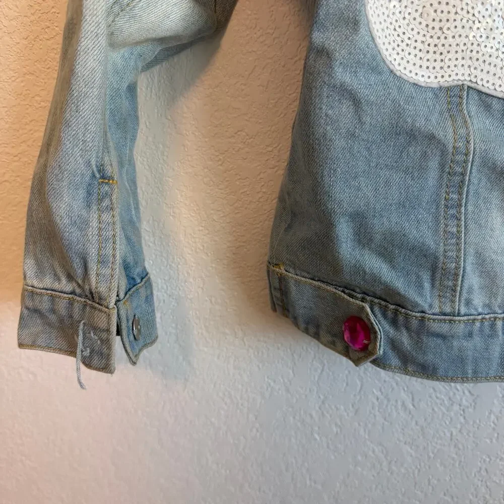 Lola + The Boys Girl's Somewhere Over The Rainbow Sequin Denim Jacket Blue 4